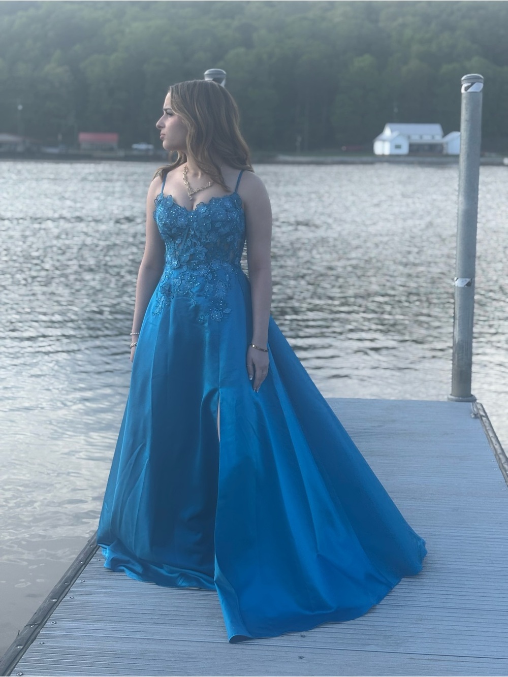 Teal Lace Appliqué Prom Dress with Spaghetti Straps - Picture 5 of 5